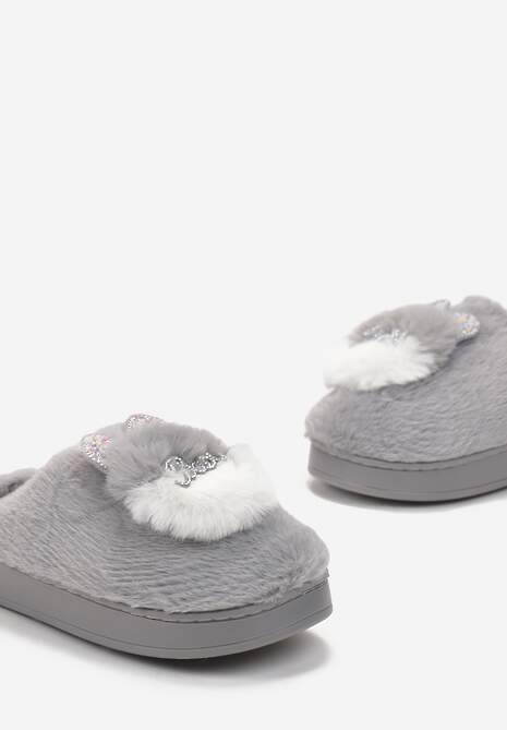Szare Płaskie Kapcie z Aplikacją 3D w Kształcie Króliczka Munere
