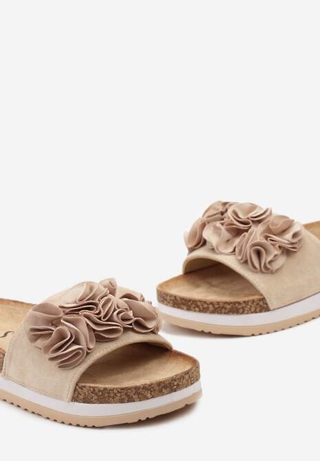 Beżowe Klapki na Korkowej Grubej Podeszwie z Naszytą Aplikacją na Froncie Dirua