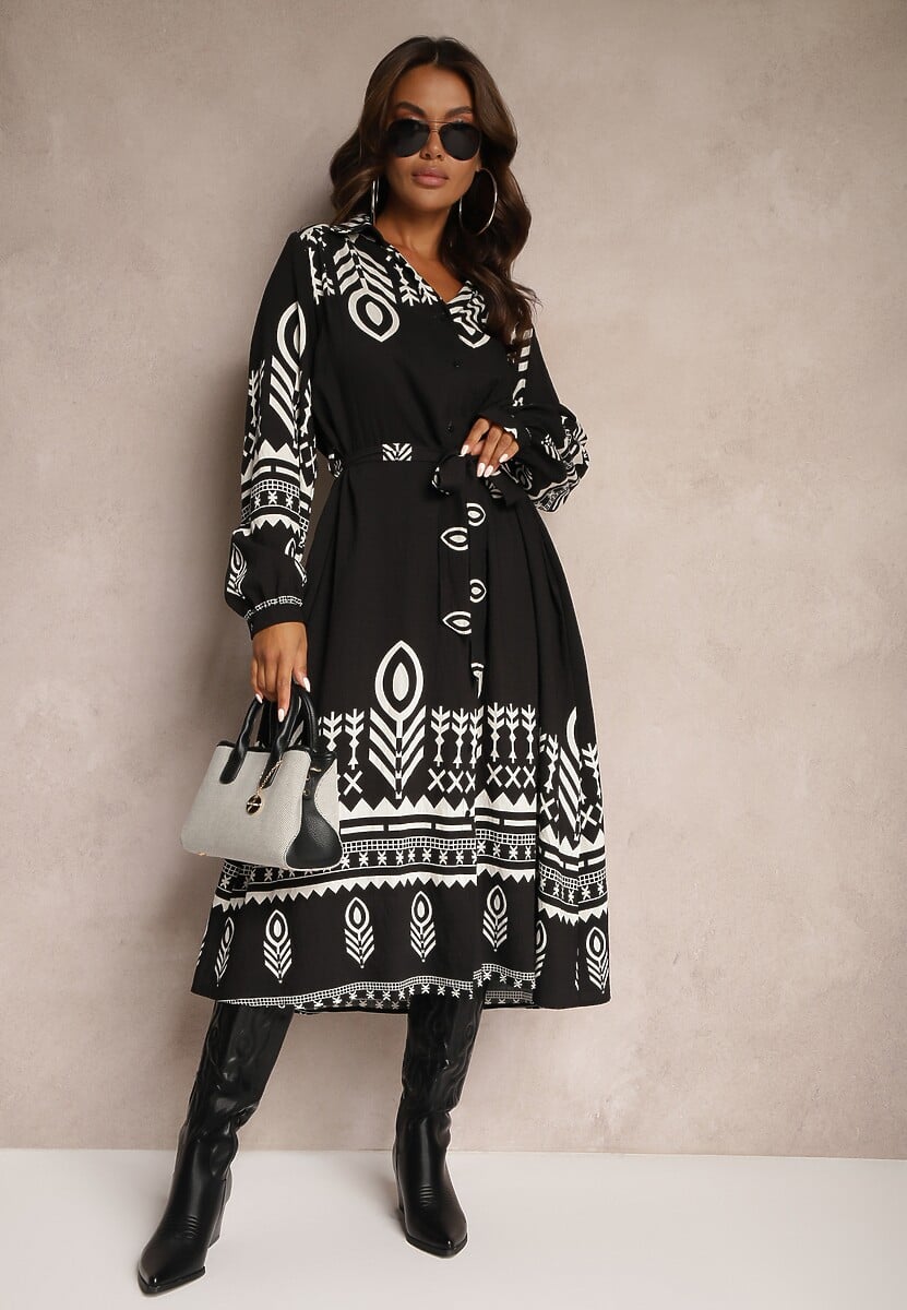 Czarna Koszulowa Sukienka z Wiskozą w Azteckie Wzory Averisa