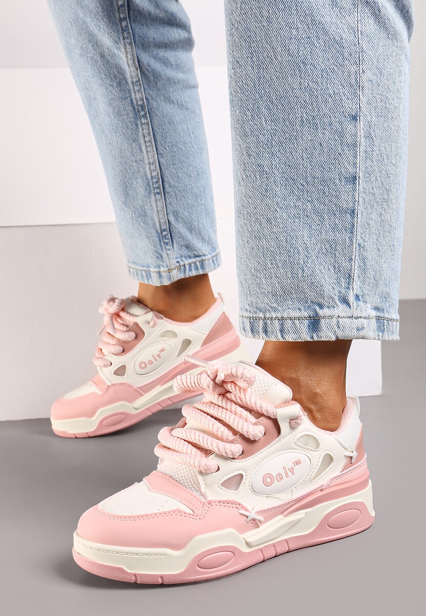 Różowe Sneakersy na Płaskiej Podeszwie Ozdobione Szerokimi Sznurówkami Veniefra