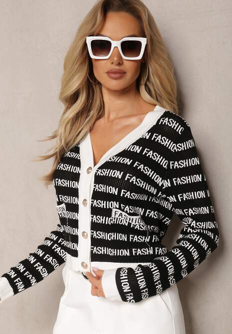 Czarno-Biały Krótki Kardigan z Napisami Fashion i Guzikami Winifa