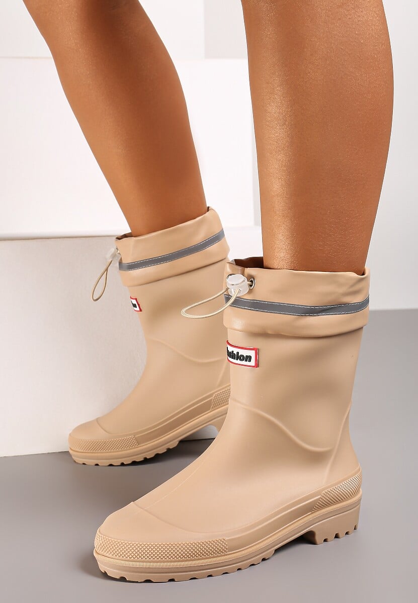 Beżowe Kalosze Hunterki Wykończone Odblaskiem i Ściągaczem Vimariay