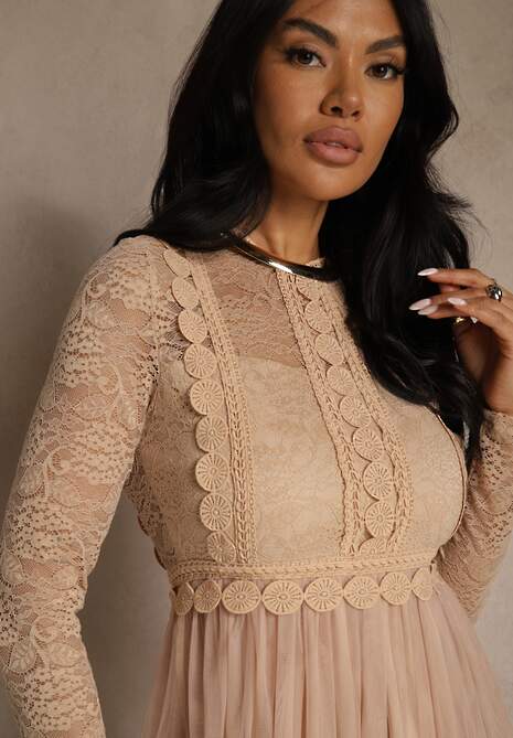 Ciemnobeżowa Elegancka Tiulowa Sukienka o Rozkloszowanym Kroju z Koronką Samelba