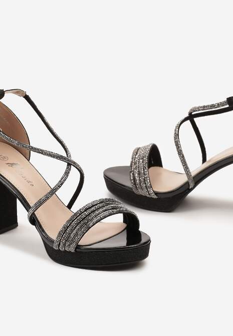 Czarne Brokatowe Sandały na Obcasie z Platformą ze Skrzyżowanymi Paskami z Cyrkoniami Inelda