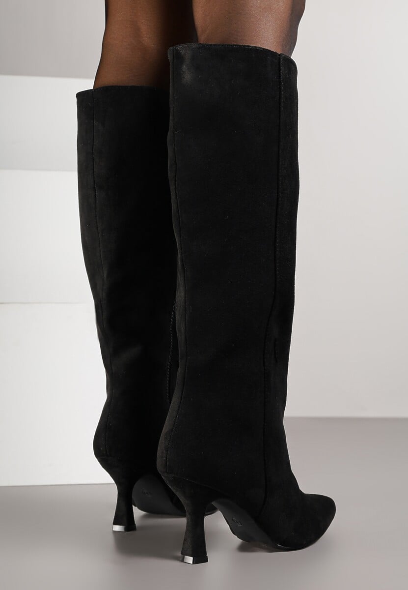 Czarne Kozaki z Imitacji Zamszu z Przeszywaną Cholewką i Obcasem Kaczuszka Anuvitte