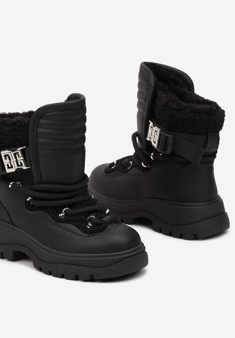 Czarne Śniegowce z Futrzaną Cholewką z Klamrą Zdobione Grubym Sznurowaniem Reanwenna