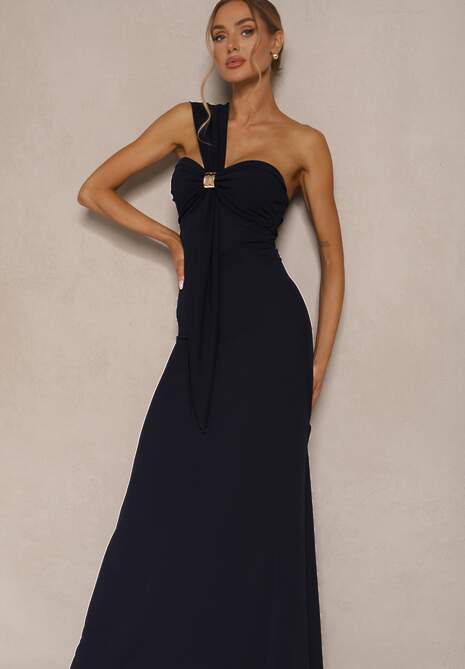 Granatowa Asymetryczna Sukienka Koktajlowa Ozdobiona Metaliczną Aplikacją Divianis