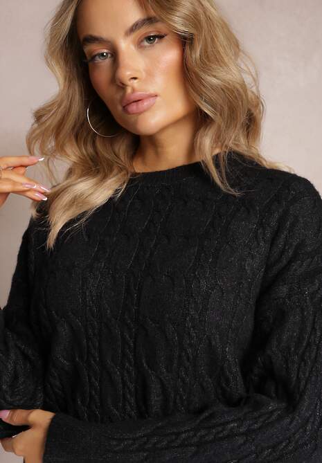 Czarny Sweter z Okrągłym Dekoltem i Splotem w Warkocze z Połyskiem Dawnitta