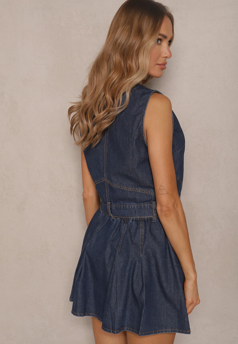 Granatowy Wiskozowy Komplet Jeansowy Kamizelka i Spódnica o Rozkloszowanym Kroju Isbia