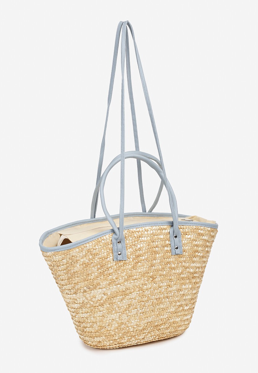 Niebiesko-Beżowa Duża Torebka na Ramię w Stylu Boho z Ozdobnymi Wstawkami Gnobbia