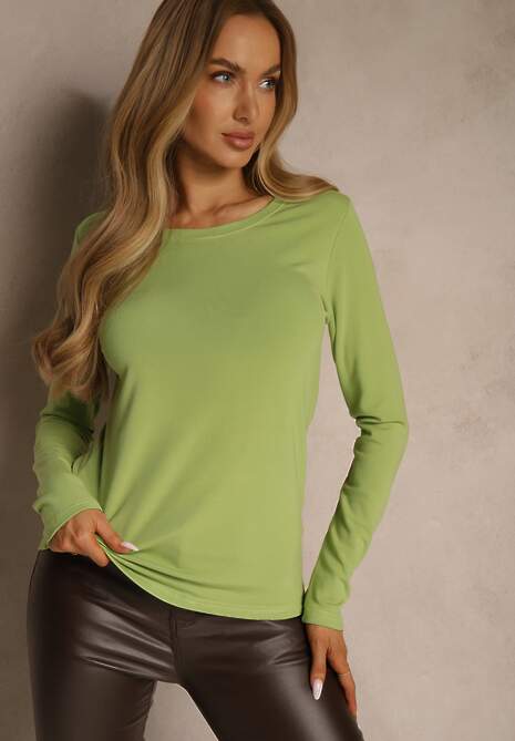 Zielona Casualowa Bluzka Longsleeve z Okrągłym Dekoltem Unaladesa