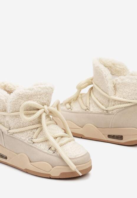 Beżowe Płaskie Śniegowce Ozdobione Futerkiem w Stylu Baranka i Sznurowaniem Alabera