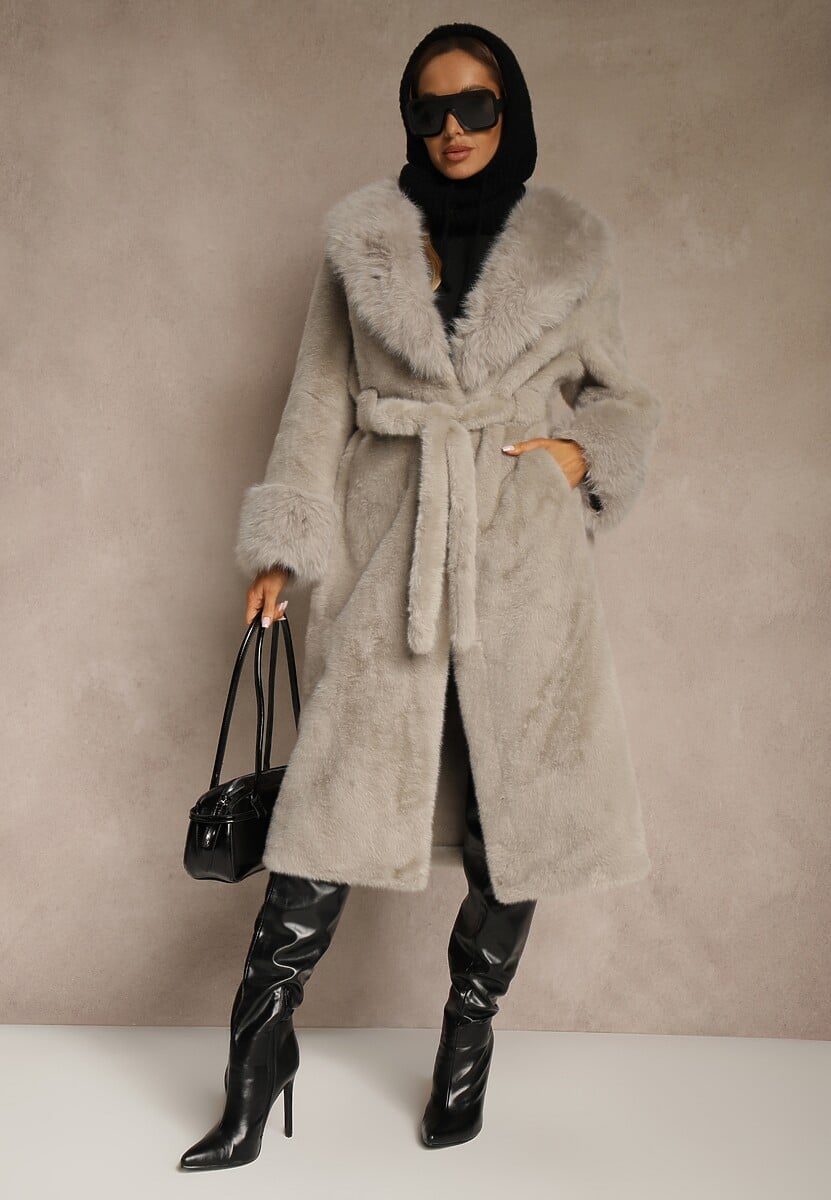 Szary Futrzany Płaszcz z Wiązanym Paskiem Ozdobnym Kołnierzem i Mankietami Viaressa