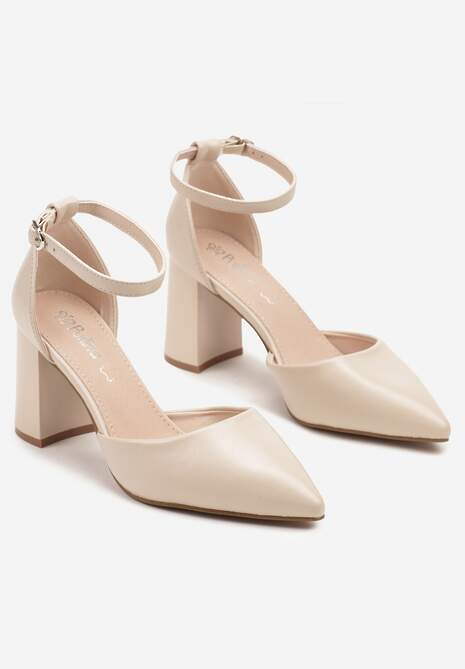 Jasnobeżowe Czółenka na Obcasie ze Skórzaną Wkładką i Paskiem Wokół Kostki Veliona