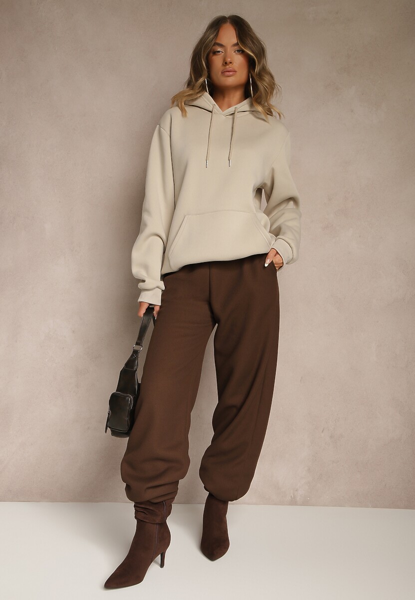 Beżowa Bluza z Kapturem Ozdobiona Ściągaczami Invila