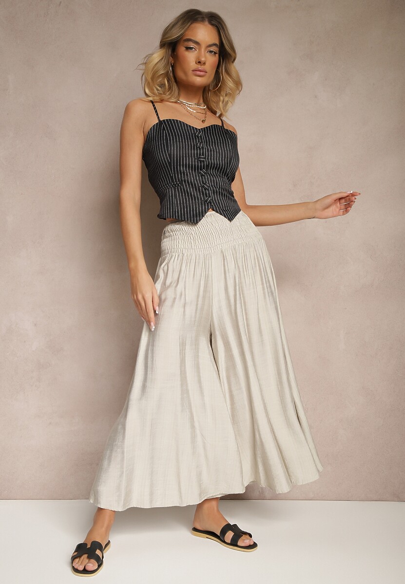 Jasnoszare Spodnie o Szerokim Kroju Kuloty High Waist o Długości 7/8 Ulanova