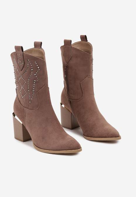 Ciemnobeżowe Botki na Słupku w Stylu Kowbojek Irilianne