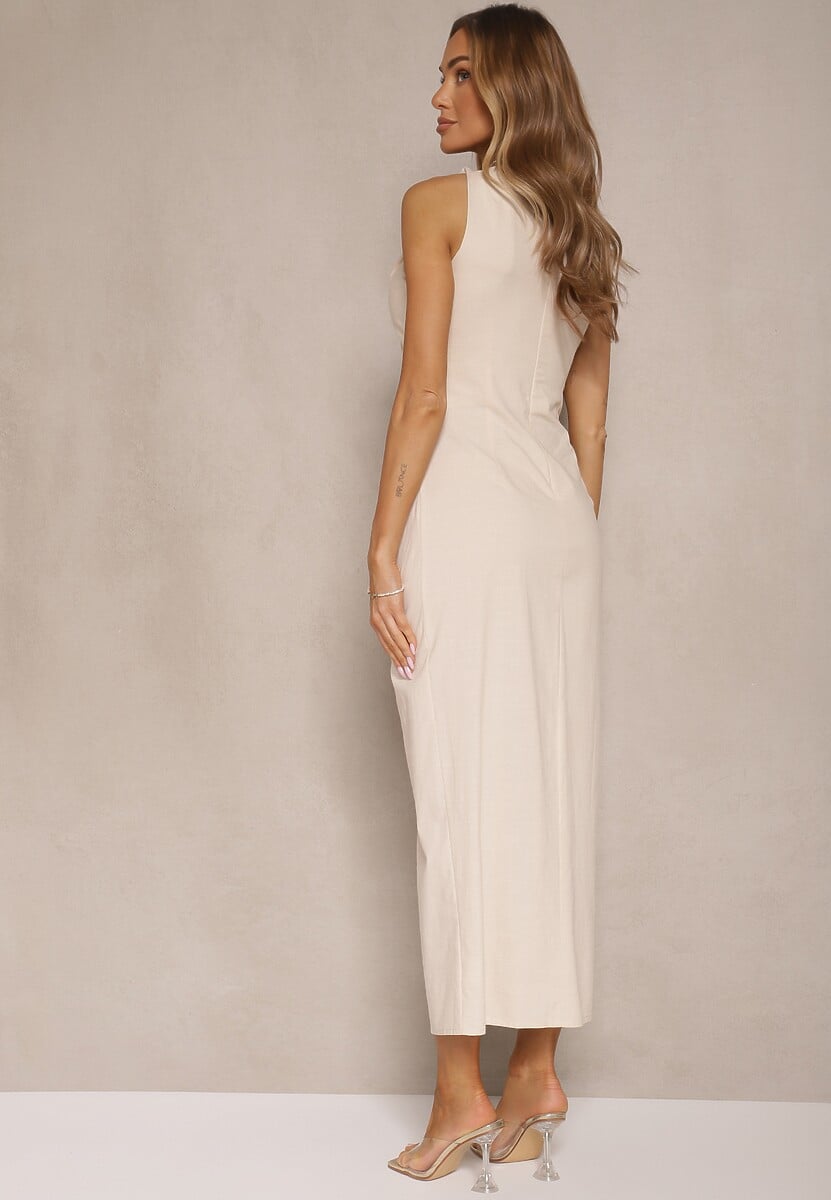 Jasnobeżowa Sukienka Dopasowana z Bawełny i Wiskozy z Rozcięciem Tunaria