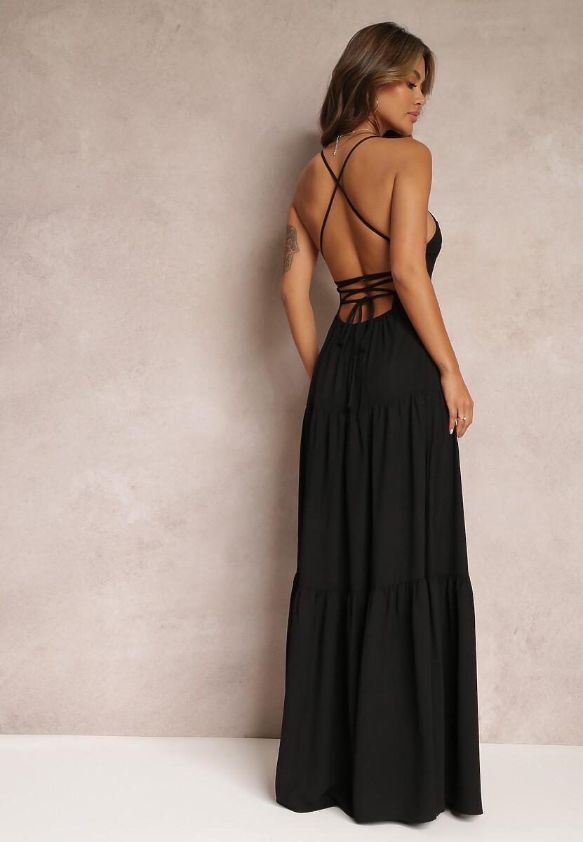 Czarna Rozkloszowana Maxi Sukienka z Falbankami i Wiązaniem na Tyle Karins