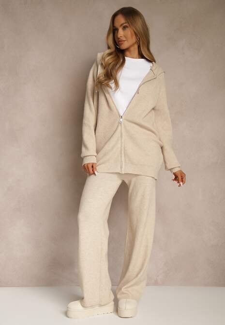 Beżowy Komplet z Wełną i Bawełną Rozpinana Bluza z Kapturem i Szerokie Spodnie Reisema