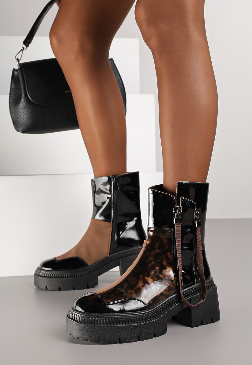 Czarne Botki Lakierowane Vices Ozdobione Tasiemką Rotine