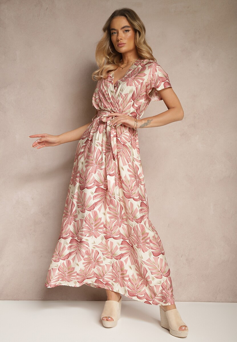 Zielona Sukienka w Listki z Elastyczną Gumką w Talii i Wiązanym Paskiem Jaliren