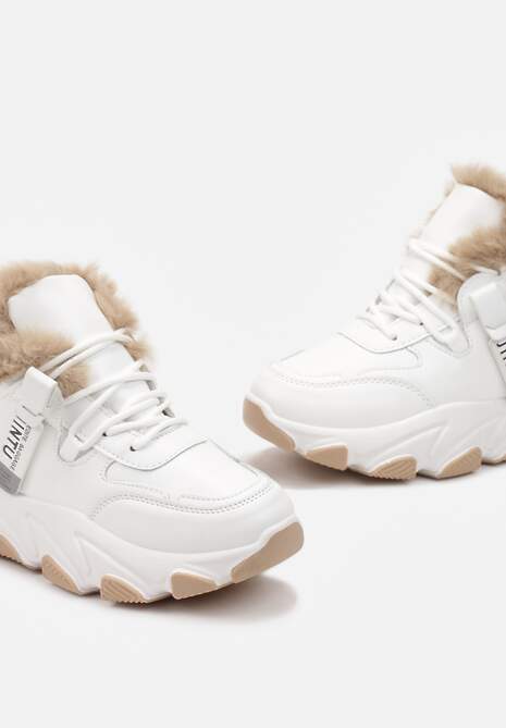 Białe Sznurowane Sneakersy Chunky z Futerkiem i Grubą Podeszwą Nimfore