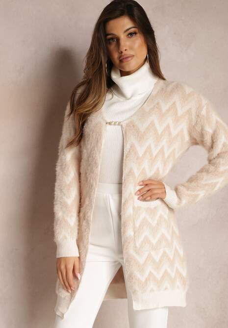 Beżowy Niezapinany Kardigan o Przedłużonym Fasonie w Zygzaki Chevron Oherna