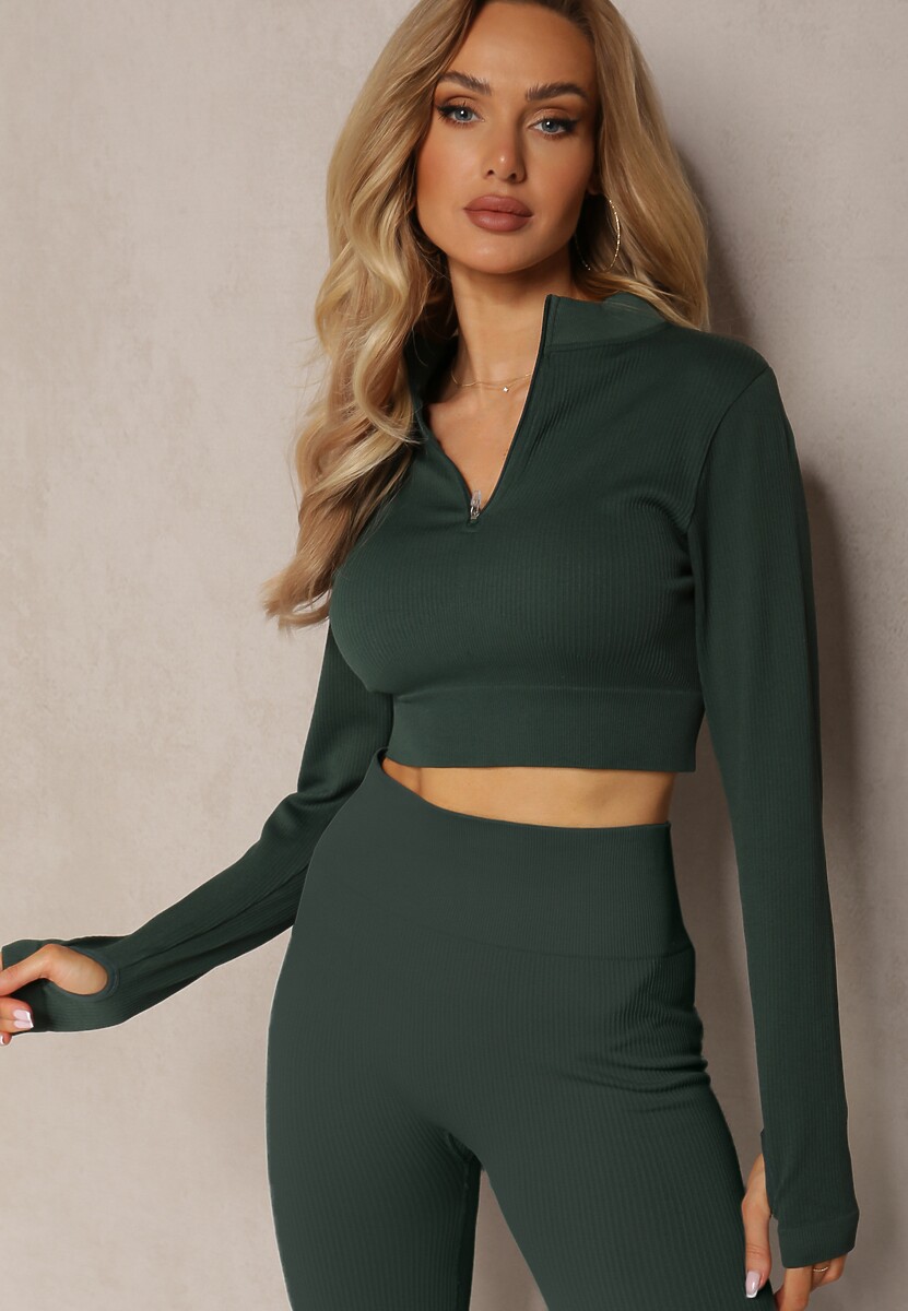 Ciemnozielona Elastyczna Bluzka na Suwak z Wycięciem przy Ściągaczu Denalla