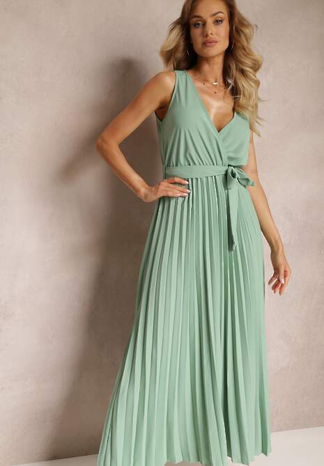 Zielona Rozkloszowana Sukienka Maxi z Plisowanym Dołem i Gumką w Talii Sare
