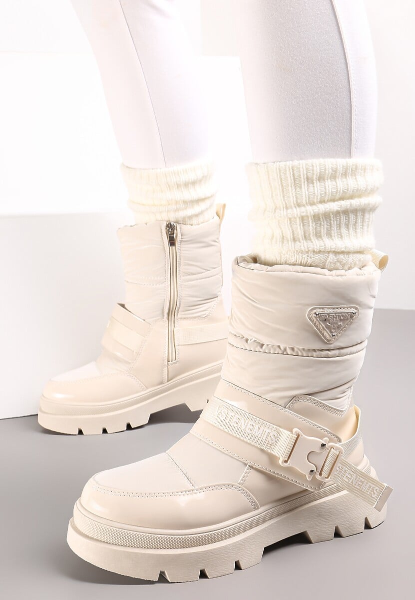 Beżowe Śniegowce Lakierowane z Taśmami z Napisami Ermanno