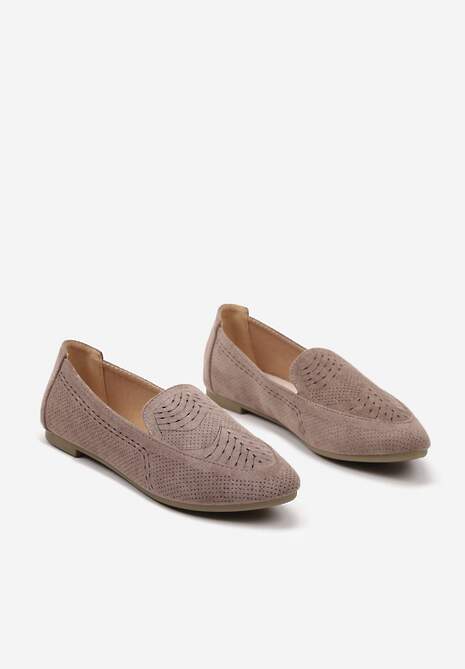 Ciemnobeżowe Ażurowe Mokasyny Balerinki z Wkładką ze Skóry Naturalnej Ollana