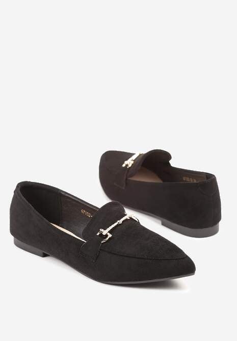 Czarne Mokasyny Vices ze Szpiczastym Noskiem Zdobione Aplikacją Rilosia