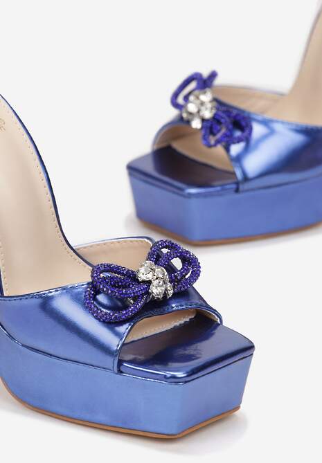 Niebieskie Sandały na Platformie i Słupku z Kokardką z Cyrkoniami Vraptore
