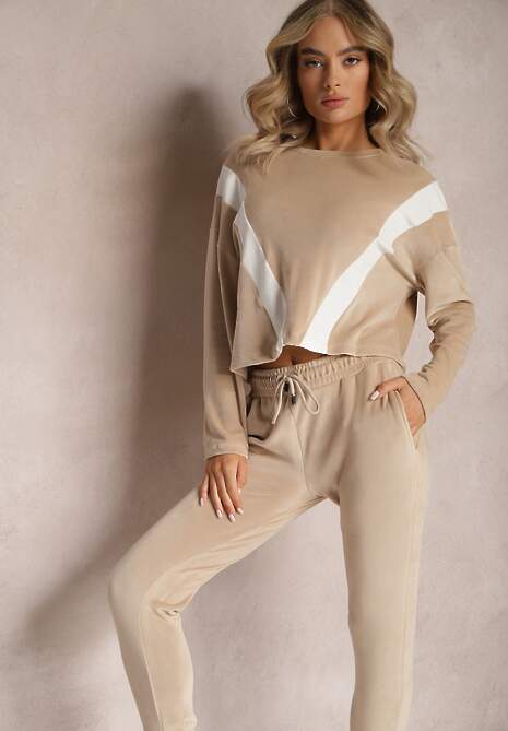 Beżowy 2-częściowy Komplet Dresowy Welurowy z Bluzą i Spodniami Vestali
