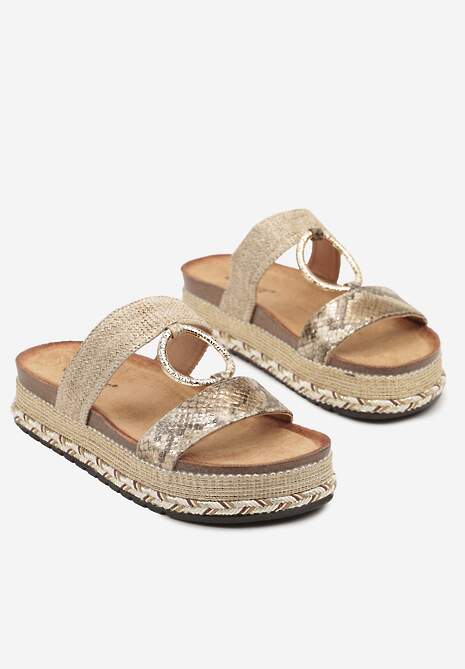 Złote Wężowe Klapki na Plecionej Podeszwie z Transparentnymi Paskami Telirea