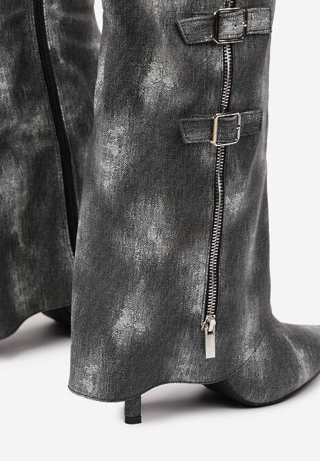 Czarne Kozaki Jeansowe na Szpilce z Klamrami na Wywiniętej Cholewce Riaviraen