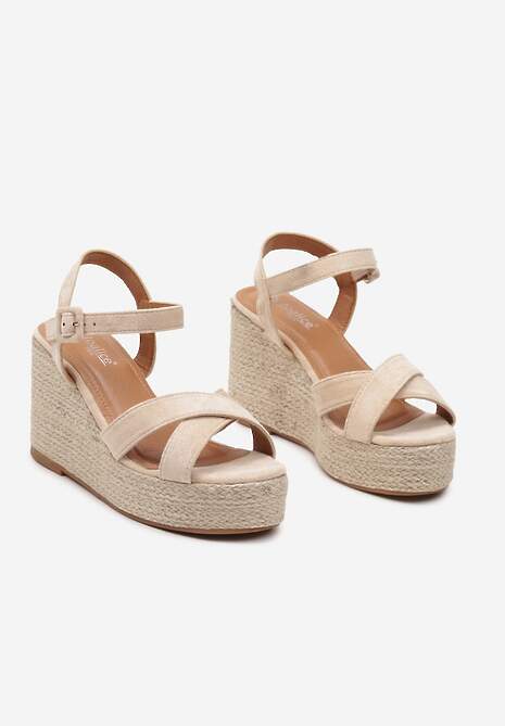 Beżowe Sandały na Plecionym Koturnie Zapinane na Sprzączkę Wokół Kostki Caldoni