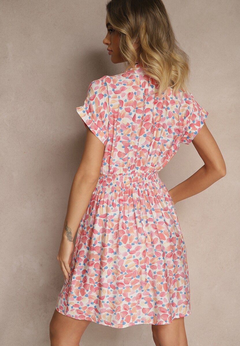 Różowa Sukienka Taliowana z Wiskozą i Ozdobnym Paskiem Delyase