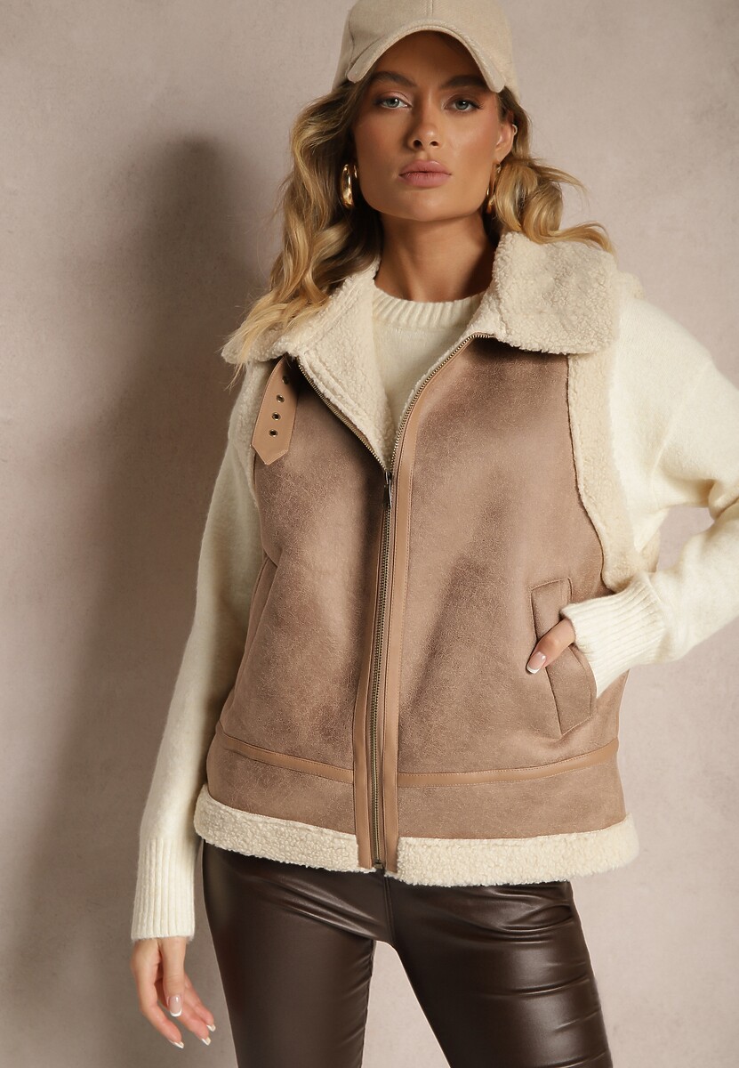 Beżowa Kamizelka Ozdobiona Wstawkami z Futerka Reaelia