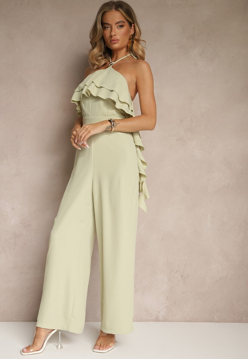 Zielony Asymetryczny Kombinezon Ozdobiony Metaliczną Aplikacją Tilfina