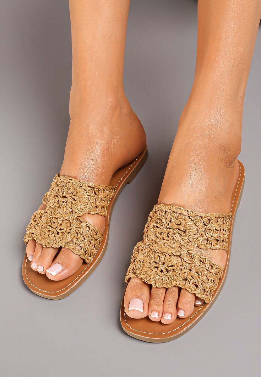 Brązowe Klapki na Płaskiej Podeszwie z Wyściółką z Ekoskóry i Paskiem z Plecionki Lulicella