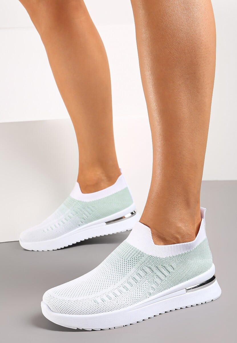 Biało-Zielone Buty Sportowe z Nadrukiem Obmre i Skarpetkową Cholewką Erinevia