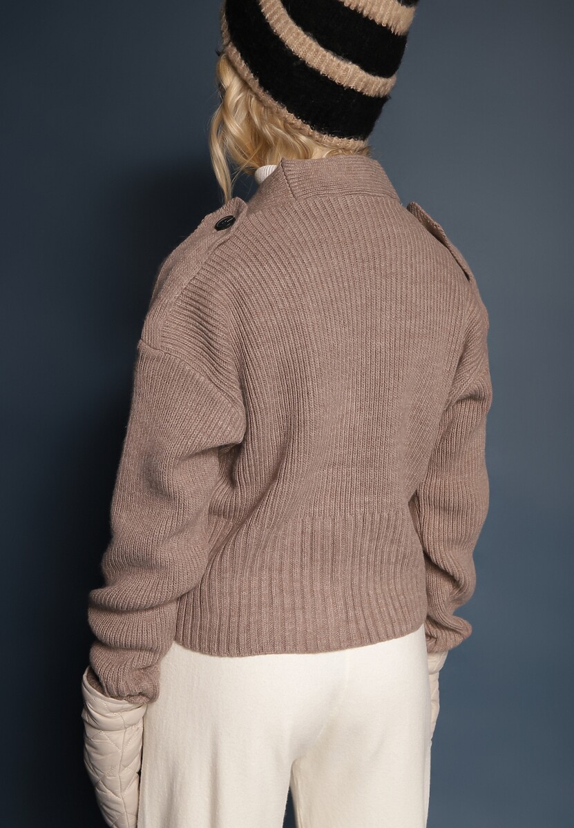 Ciemnobeżowy Klasyczny Kardigan z Ozdobnym Paskiem z Guzikami w Talii Tilika