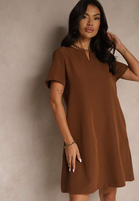Brązowa Trapezowa Sukienka Mini z Krótkim Rękawem i Kieszeniami Vrea