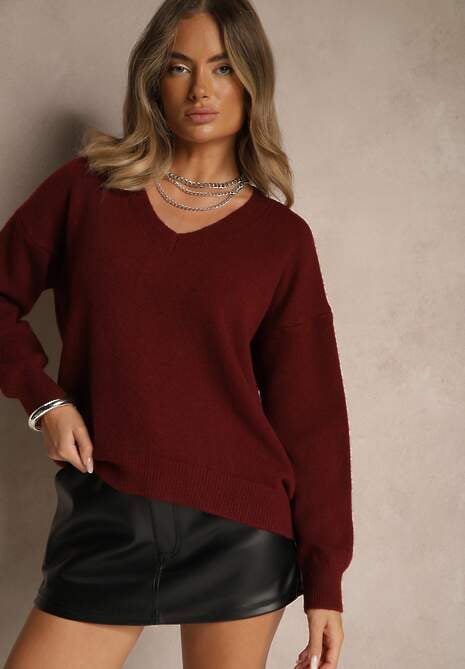 Bordowy Sweter z Wiskozy Oversize Conime