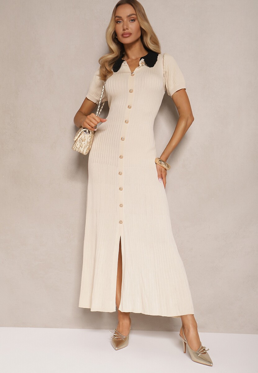 Jasnobeżowa Wiskozowa Sukienka Rozkloszowana Retro z Guzikami i Kołnierzem Ardival