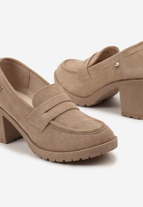 Ciemnobeżowe Półbuty Mokasyny z Ekozamszu na Słupku i Platformie Andarco