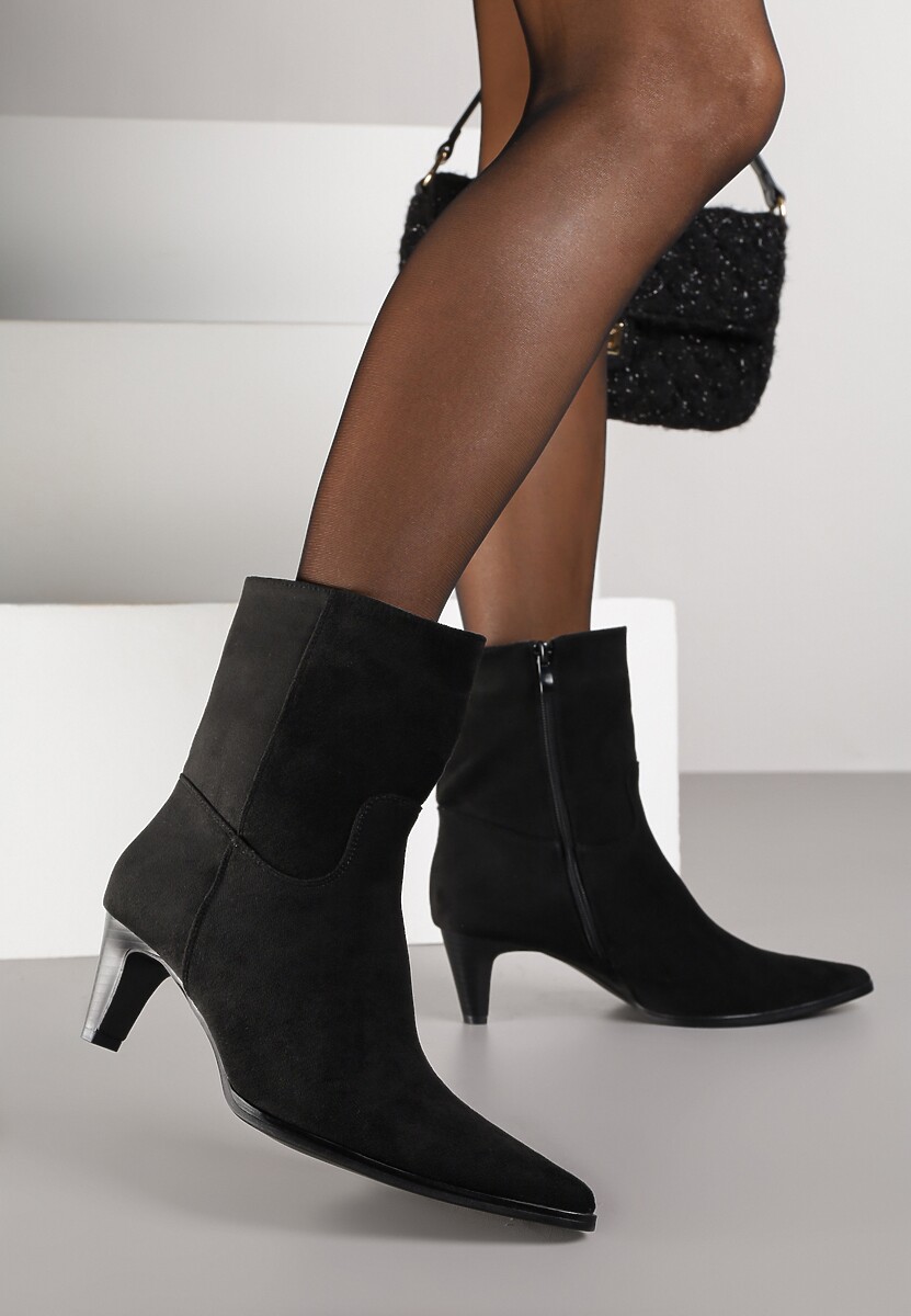 Czarne Botki na Stożku z Imitacji Zamszu Avinella