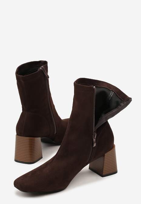 Brązowe Botki Vices na Stożku z Noskiem o Kwadratowym Kształcie Amiste